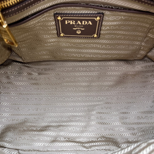 Prada Bow Tote Bag Canvas Calfskin Beige Brown