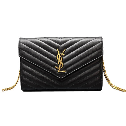 Yves Saint Laurent Envelope Wallet On Chain Shiny Caviar Calfskin Black
