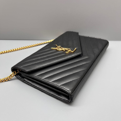 Yves Saint Laurent Envelope Wallet On Chain Shiny Caviar Calfskin Black