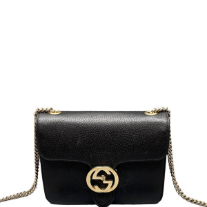 Gucci Small Interlocking G Shoulder Bag Grained Calfskin Black