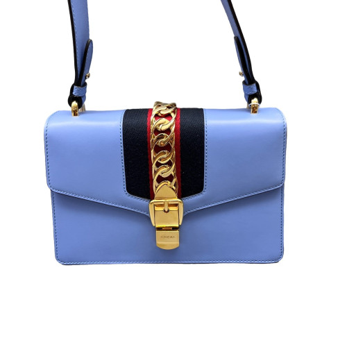 Gucci Web Small Sylvie Shoulder Bag Calfskin Blue Gucci Web Small Sylvie Shoulder Bag Calfskin Blue