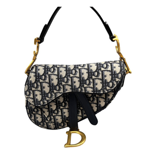Dior Small Saddle Bag Oblique Black Beige Navy