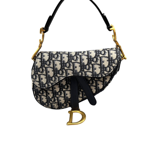 Dior Small Saddle Bag Oblique Black Beige Navy