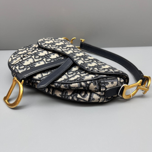 Dior Small Saddle Bag Oblique Black Beige Navy