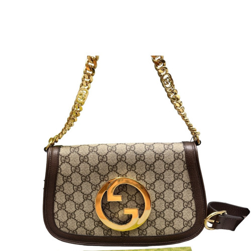 Gucci Medium Blondie Chain Shoulder Flap Bag GG Supreme Monogram Brown Beige