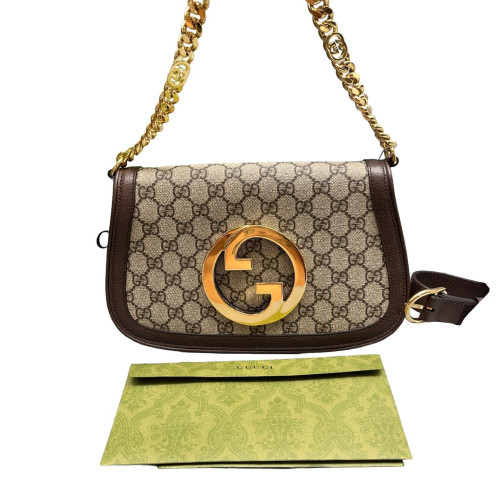Gucci Medium Blondie Chain Shoulder Flap Bag GG Supreme Monogram Brown Beige