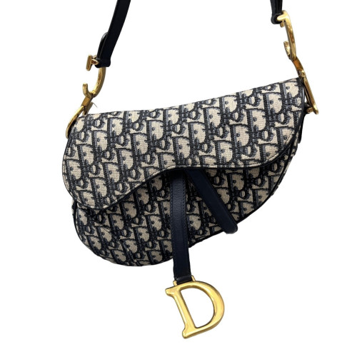 Dior Medium Saddle Bag Oblique Black Beige Navy