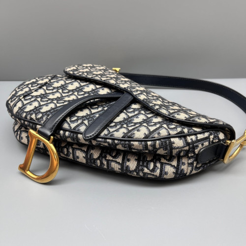 Dior Medium Saddle Bag Oblique Black Beige Navy