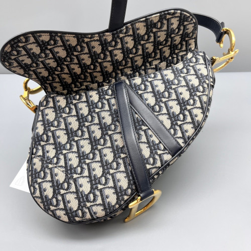 Dior Medium Saddle Bag Oblique Black Beige Navy