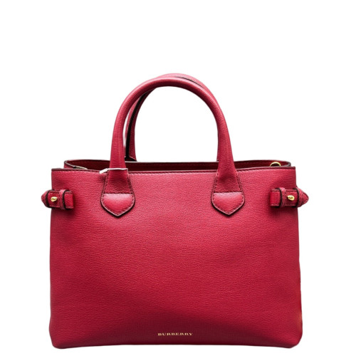 Burberry Medium Banner Tote Grained Calfskin House Check Red Khaki Black