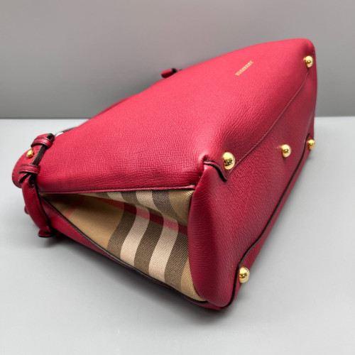 Burberry Medium Banner Tote Grained Calfskin House Check Red Khaki Black