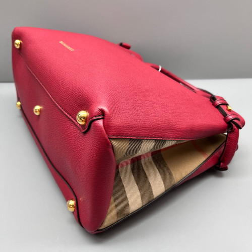 Burberry Medium Banner Tote Grained Calfskin House Check Red Khaki Black