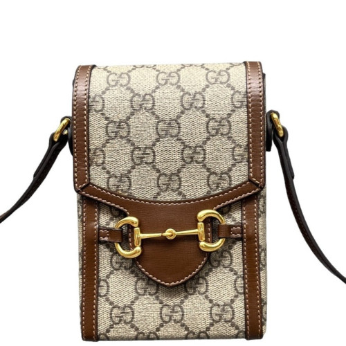 Gucci Mini Horsebit 1955 Crossbody Bag GG Supreme Monogram Brown Beige
