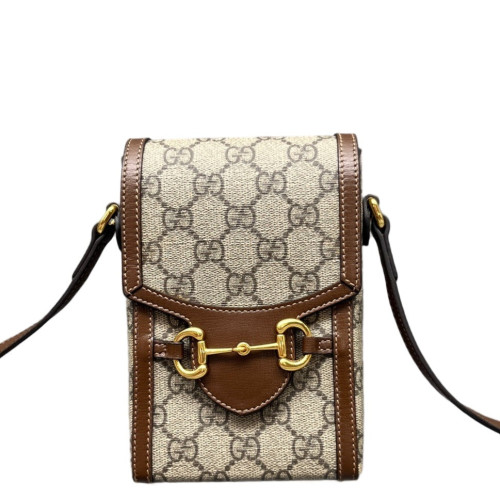 Gucci Mini Horsebit 1955 Crossbody Bag GG Supreme Monogram Brown Beige