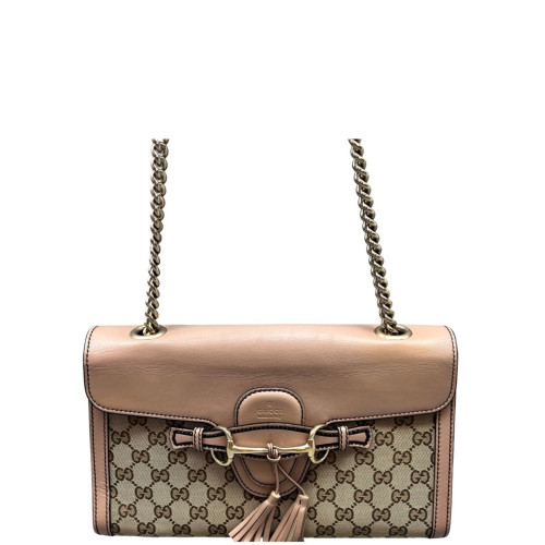 Gucci Medium Emily Chain Shoulder Bag GG Supreme Monogram Pink Brown Beige