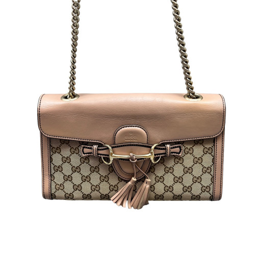 Gucci Medium Emily Chain Shoulder Bag GG Supreme Monogram Pink Brown Beige