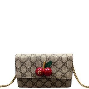 Gucci Mini Cherry Chain Wallet GG Supreme Monogram Beige Brown Red