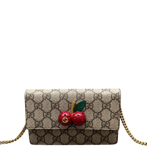Gucci Mini Cherry Chain Wallet GG Supreme Monogram Beige Brown Red