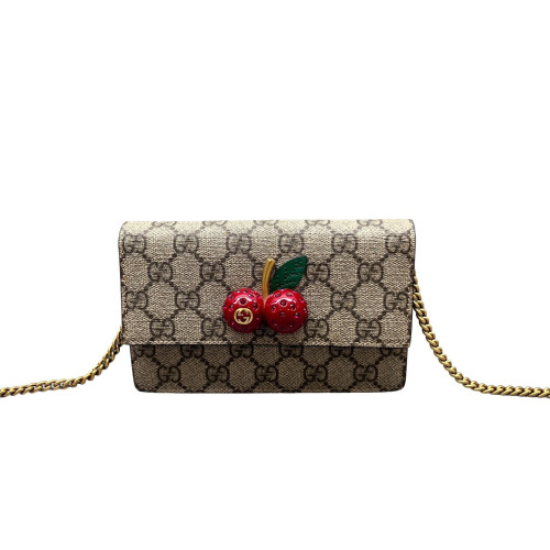 Gucci Mini Cherry Chain Wallet GG Supreme Monogram Beige Brown Red