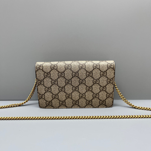 Gucci Mini Cherry Chain Wallet GG Supreme Monogram Beige Brown Red