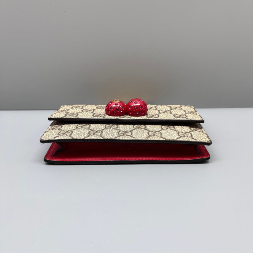 Gucci Mini Cherry Chain Wallet GG Supreme Monogram Beige Brown Red