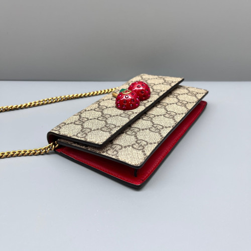 Gucci Mini Cherry Chain Wallet GG Supreme Monogram Beige Brown Red
