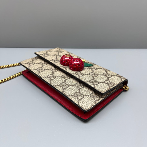 Gucci Mini Cherry Chain Wallet GG Supreme Monogram Beige Brown Red