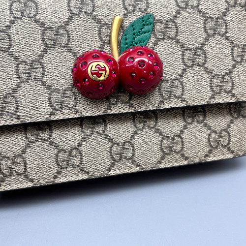 Gucci Mini Cherry Chain Wallet GG Supreme Monogram Beige Brown Red