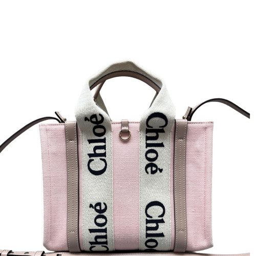 Chloe Small Woody Ribbon Tote Canvas Calfskin Pink Beige Taupe Chloe Small Woody Ribbon Tote Canvas Calfskin Pink Beige Taupe