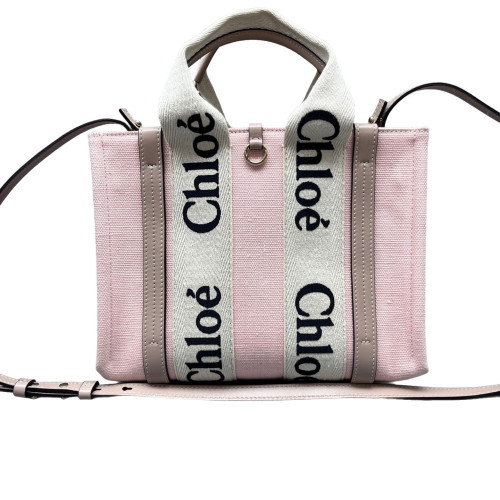 Chloe Small Woody Ribbon Tote Canvas Calfskin Pink Beige Taupe Chloe Small Woody Ribbon Tote Canvas Calfskin Pink Beige Taupe