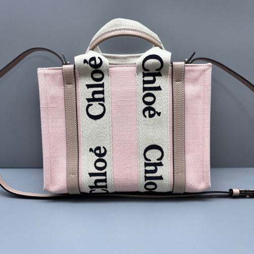 Chloe Small Woody Ribbon Tote Canvas Calfskin Pink Beige Taupe Chloe Small Woody Ribbon Tote Canvas Calfskin Pink Beige Taupe