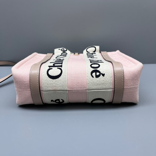 Chloe Small Woody Ribbon Tote Canvas Calfskin Pink Beige Taupe Chloe Small Woody Ribbon Tote Canvas Calfskin Pink Beige Taupe