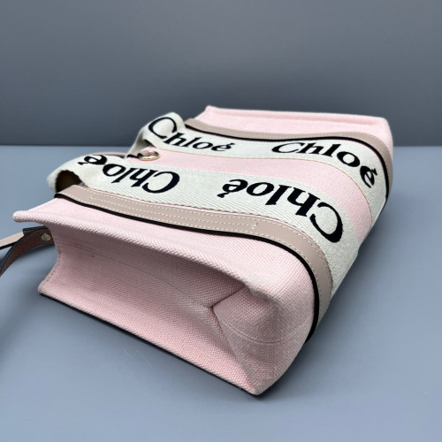 Chloe Small Woody Ribbon Tote Canvas Calfskin Pink Beige Taupe Chloe Small Woody Ribbon Tote Canvas Calfskin Pink Beige Taupe