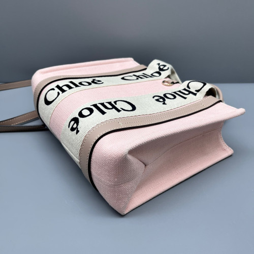 Chloe Small Woody Ribbon Tote Canvas Calfskin Pink Beige Taupe Chloe Small Woody Ribbon Tote Canvas Calfskin Pink Beige Taupe