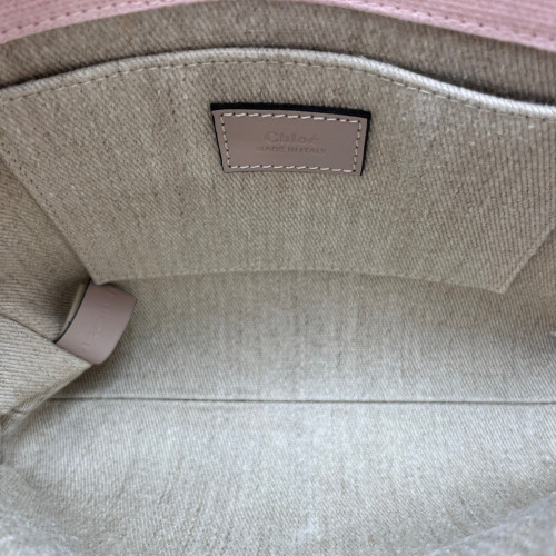 Chloe Small Woody Ribbon Tote Canvas Calfskin Pink Beige Taupe Chloe Small Woody Ribbon Tote Canvas Calfskin Pink Beige Taupe