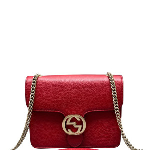 Gucci Small Interlocking G Shoulder Bag Grained Calfskin Red