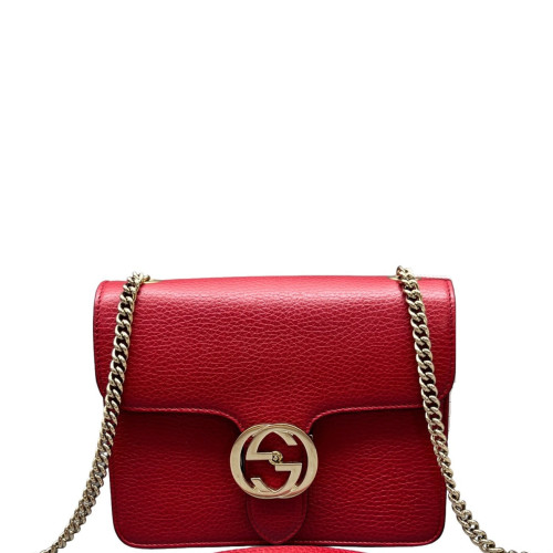 Gucci Small Interlocking G Shoulder Bag Grained Calfskin Red