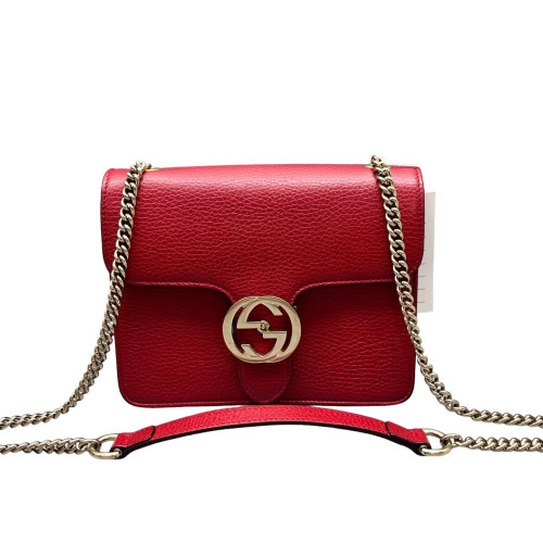 Gucci Small Interlocking G Shoulder Bag Grained Calfskin Red