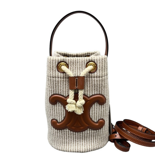Celine Teen Drawstring Bucket Bag Fabric Calfskin Beige Brown