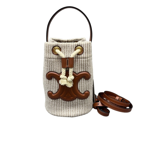 Celine Teen Drawstring Bucket Bag Fabric Calfskin Beige Brown
