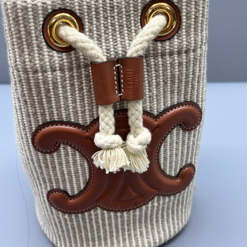 Celine Teen Drawstring Bucket Bag Fabric Calfskin Beige Brown
