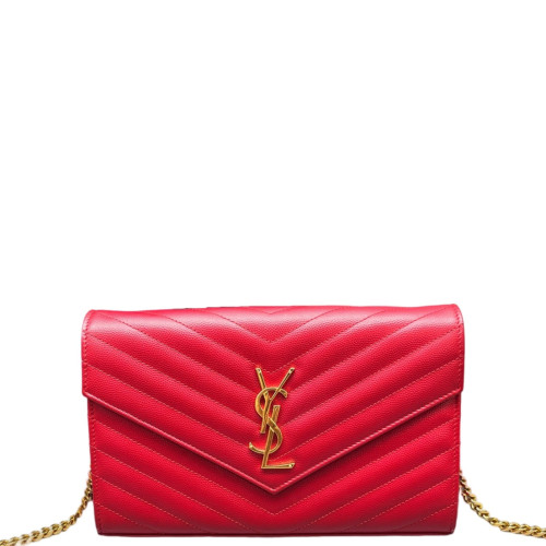 Yves Saint Laurent Envelope Wallet On Chain Shiny Caviar Calfskin Red