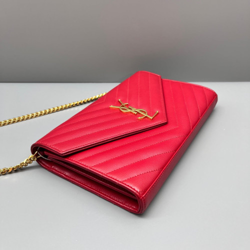 Yves Saint Laurent Envelope Wallet On Chain Shiny Caviar Calfskin Red