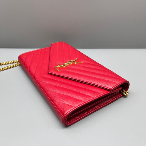 Yves Saint Laurent Envelope Wallet On Chain Shiny Caviar Calfskin Red