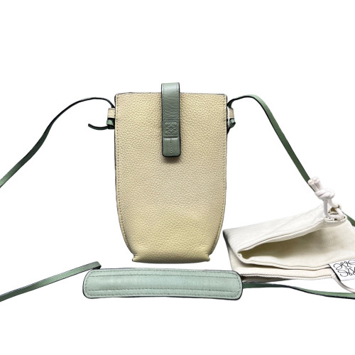 Loewe Phone Holder Grained Calfskin Beige Green