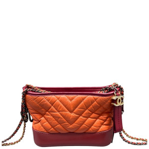 Chanel Chevron Quilted Small Gabrielle Hobo Crumpled Calfskin Orange Red