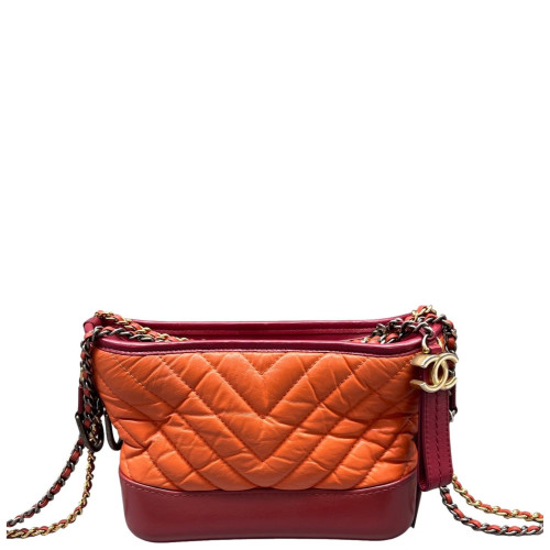 Chanel Chevron Quilted Small Gabrielle Hobo Crumpled Calfskin Orange Red