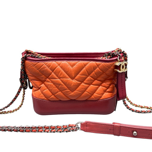 Chanel Chevron Quilted Small Gabrielle Hobo Crumpled Calfskin Orange Red