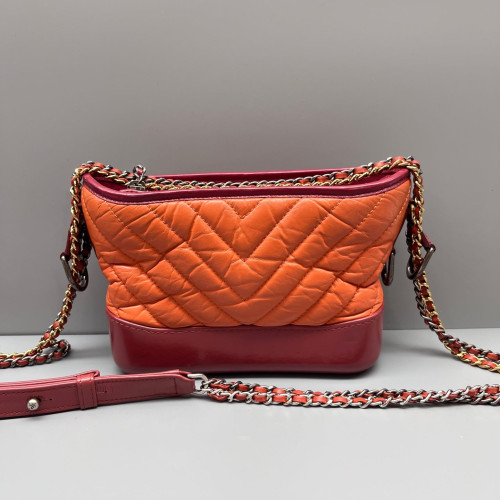 Chanel Chevron Quilted Small Gabrielle Hobo Crumpled Calfskin Orange Red