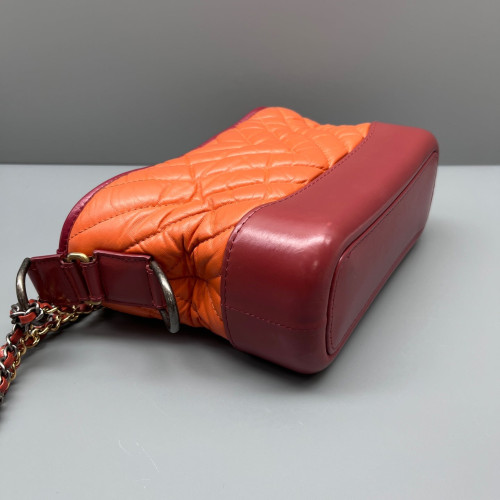 Chanel Chevron Quilted Small Gabrielle Hobo Crumpled Calfskin Orange Red